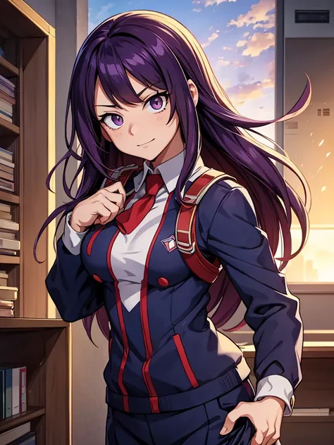 My hero academia a  who studies at UA school in the anime my hero academia she has long, slightly dark purple hair with blonde highlights, she has telekinesis powers and her eyes are brown.