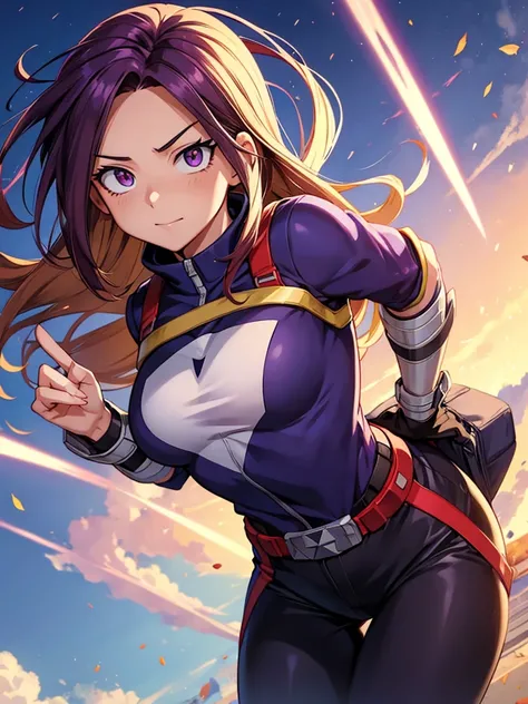 My hero academia a  who studies at UA school in the anime my hero academia she has long, slightly dark purple hair with blonde highlights, she has telekinesis powers and her eyes are brown.