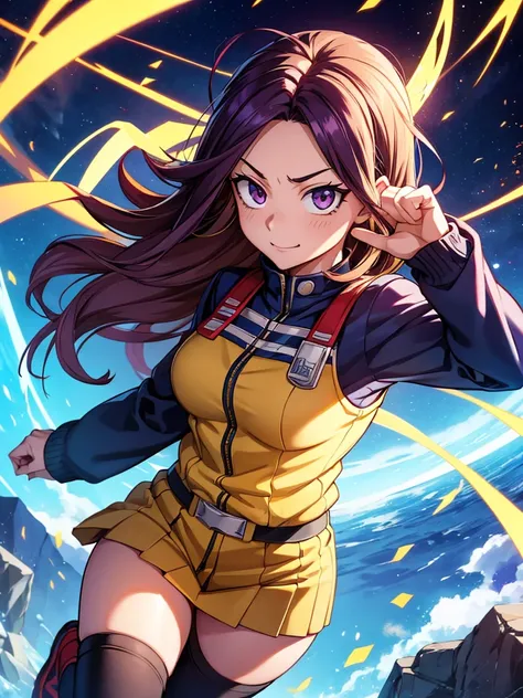 My hero academia a  who studies at UA school in the anime my hero academia she has long, slightly dark purple hair with blonde highlights, she has telekinesis powers and her eyes are brown.