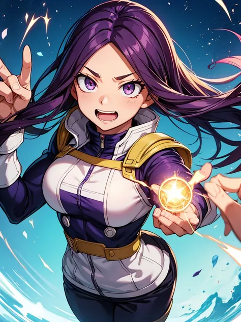 My hero academia a  who studies at UA school in the anime my hero academia she has long, slightly dark purple hair with blonde highlights, she has telekinesis powers and her eyes are brown.