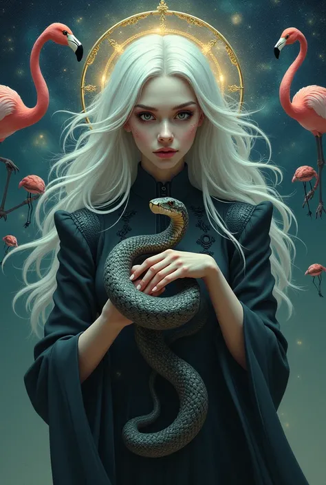 
there is a woman holding a snake in her hand, by Emma Andijewska, Aleksandra Waliszewska, by Dietmar Damerau, sabina klein, 🦩🪐🐞👩🏻🦳, queen of snakes, with the head of a snake, by Myra Landau, by Anna Haifisch