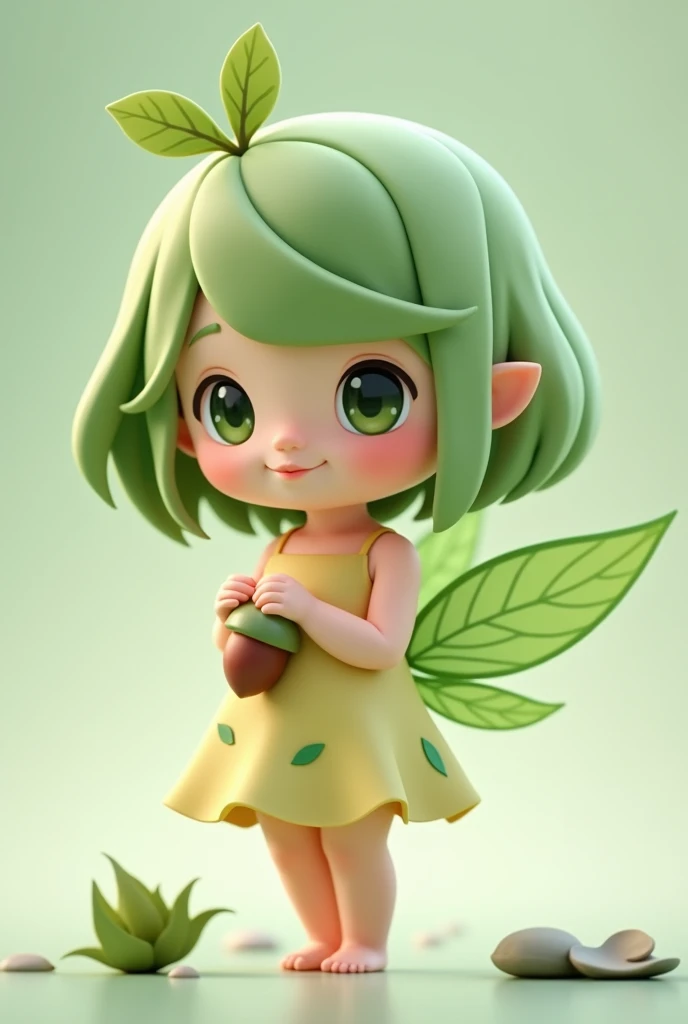  C4D model, a chibi-style fairy, with soft green hair styled in a bob cut, dressed in a pale yellow dress with green leaf patterns, and green wings that resemble leaves. She carries a tiny acorn pouch and wears yellow sandals, embodying a gentle, nurturing...