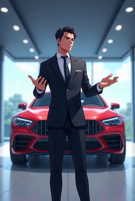 car seller, Cao Cao, dark-skinned, with a fancy suit, brunette skin, animation theme
