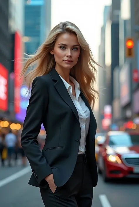 
a woman with long blonde hair, honey eyes, wearing a businesswoman outfit on a busy street 4K ultra realistic
