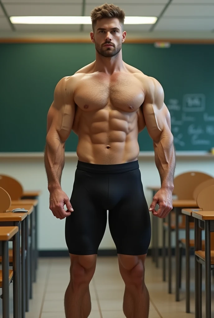 Photo realistic image of a white male teacher of 20 years old, big and muscular and with body hair in the classroom with a tight sports uniform on his big hairy muscular legs