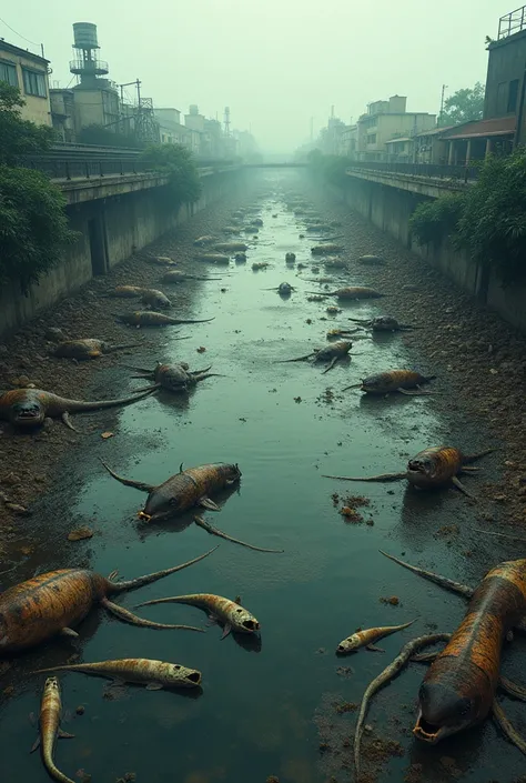 Decrease in aquatic fauna and flora - Image showing a polluted stretch of the Tietê River, with murky water and dead aquatic life
.

