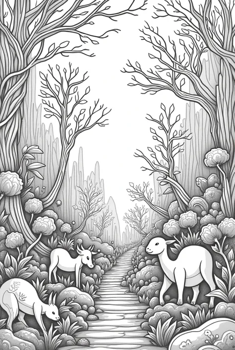 Create a coloring picture of a forest with fantastic creatures in black and white