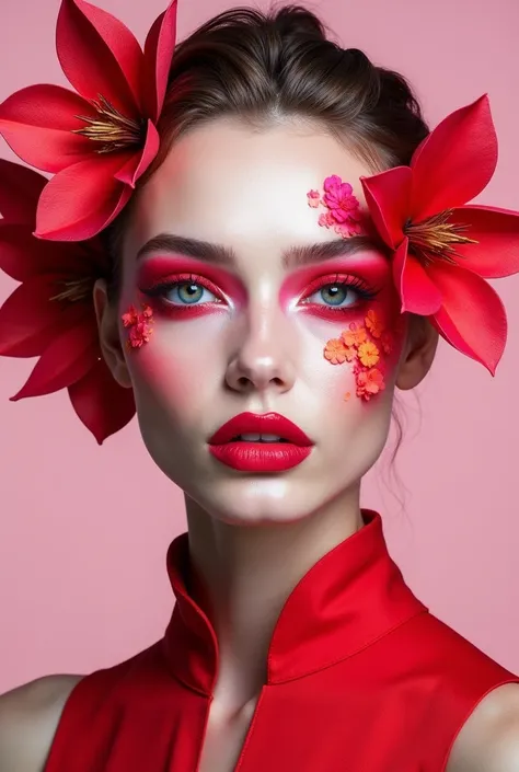 Create facial makeup with flowers, only flashy makeup  ,of red colors , Pink and Flowers made of makeup and hairstyles with Futuristic hair 