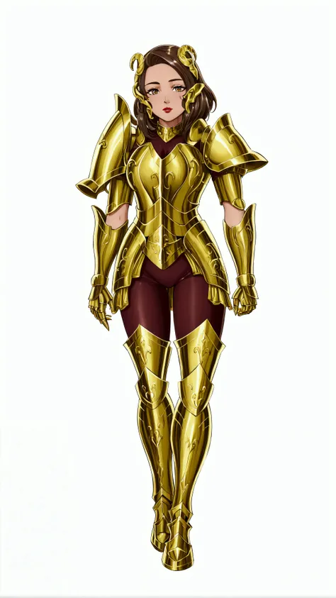 um close-up de uma mulher ruiva em uma golden armour, golden armour, gold armour, girl of the zodiac knights, portrait girl of the zodiac knights, shingo araki style