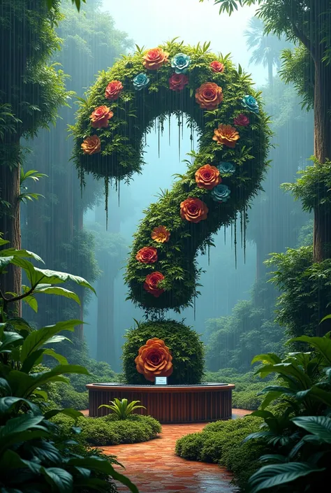 A large colorful tree in the shape of a question mark in a rain forest and a dj stand