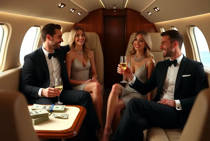 Group in a private jet: A group of stylish friends enjoys a flight in a private jet. The men are in tailored suits, and the women are dressed in elegant attire with expensive jewelry. Champagne flows, and dollar bills are seen on the tables.