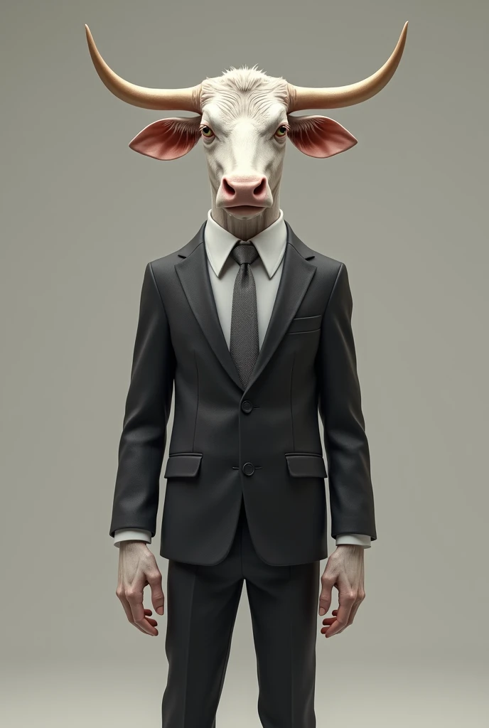 Light colored bull, skinny, longhorn dressed in black suit with grey striped tie standing
