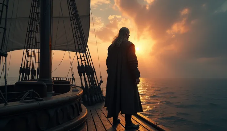 A cinematic and dark image of a medieval ship captain standing at the prow of his vessel, gazing into a misty, otherworldly horizon. The twilight sky is awash in rich golds and deep purples, hinting at the approach of a mythical realm like the lost Land of...