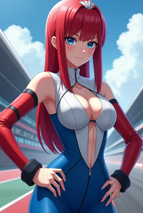 A female RWBY student. (((straight hair))), (((red and white haired))), (((pale blue eyes))), long lashes, (((Detailed face))), (((detailed eyes))), ((square chin)), high cheek bones, shallow cheeks, pale skin. Detailed hands and fingers. curvy body, wide ...