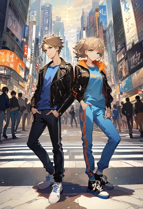 masterpiece, Best Quality, 8k ,4k, Size, wallpapers, anime style, only 2 characters, Young boy and girl, 18 years (A young man, White skin, black messy hair, bright gray eyes, SERIOUS LOOK,. Clean and tidy clothes, He wore an orange Hoodle, blue jeans, y s...