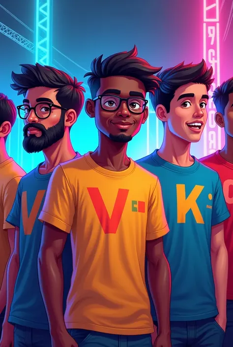 A cartoon photo of five young men (ages 16-24).
 The first youth there is the oldest youth there (24 olds).   He wears round glasses and has a bit of a beard.  His teaser has the letter "V" written on it. 


 One young man is a bit black and has a bit of a...