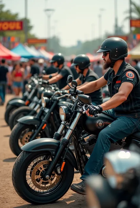 A GROUP OF MOTORCYCLISTS WEARING A BLACK MOTORCYCLE CLUB JEANS VEST AND SHIRT, close up capturing the harmonious beauty between the festival AND THEIR CUSTOM OLDSCHOOL MOTORCYCLES,