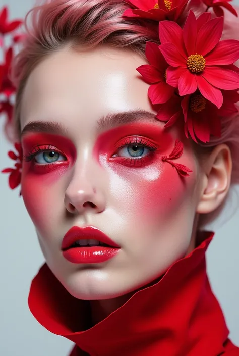 Create facial makeup with flowers, only flashy makeup  ,of red colors , Pink and Flowers made of makeup and hairstyles with Futuristic hair 