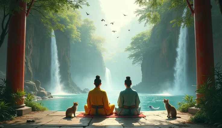 2 Asians meditating with their backs to an image in an ancient temple with flying birds and two waterfalls in front and lots of nature with 2 cats and some animal in the water