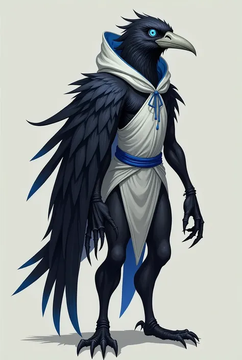  humanoid crow with black feathers and dark blue tips, deep blue eyes, whitish beak, having only the left wing in the same color scheme as its feathers, wearing a kind of white tunic with blue details, sleeveless and hoodless, long, pointed claws on their ...