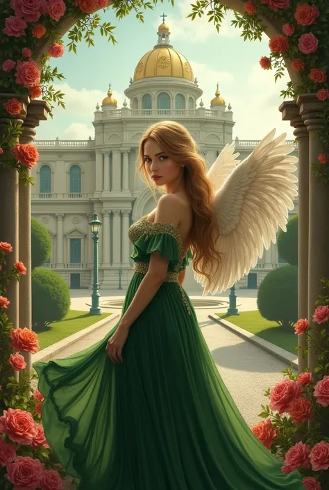 Create for me the image of the cover of my book the title  (Anne&#39;s Fate) write the name in Portuguese and put my author name Kelly Ramos put a palace in the background, flowers and a young woman with an angelic face, a very realistic image of blond hai...