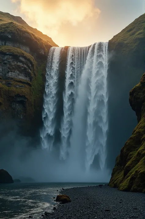 ((best quality)), ((masterpiece)), (detailed), perfect waterfall ,açores, moody, golden jour 