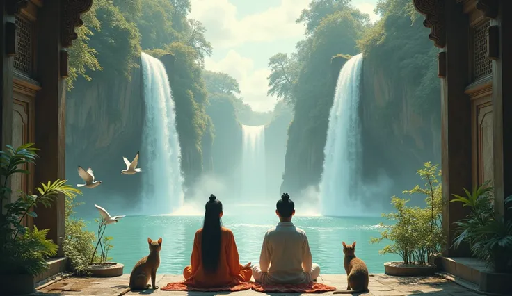 2 Asians meditating with their backs to an image in an ancient temple with flying birds and two waterfalls in front and lots of nature with 2 cats and some animal in the water