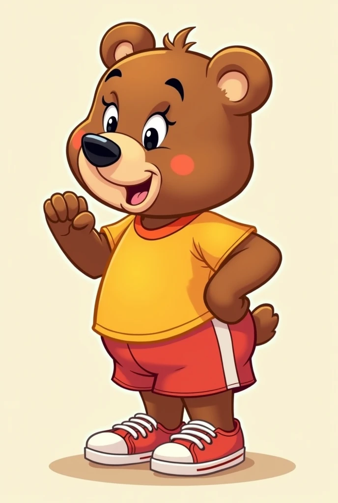 cartoon character, disney style, OF TENDER BEAR, FULL BODY PROFILE. The bear is sporty and wears sportswear with a T-shirt., shorts and sneakers. profile pose