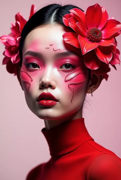 Create facial makeup with flowers, only flashy makeup  ,of red colors , Pink and flowers made of futuristic makeup 