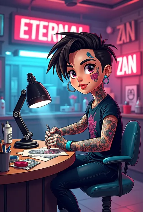 Tattoo Studio name is Eternal, Tattoo Artic name is Zan, Tattoo studio in Tattoos robot,
Tattoo Studio room background in studio name and artic name, Cartoon tattoos studio , tattoos accessories 