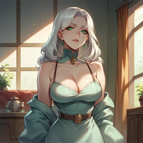 a robot MILF (in her 40s and has a MILF body) stares blankly at you in your living room of your house. she has white hair with green eyes. You see her robotic parts but she is also wearing a dress.