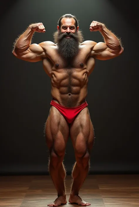 a hairy bearded Bolivian man with a lot of hair in his hairy red bikini posing on a stage with his arms up and a smile on his face, a portrait by Byron Galvez, featured on instagram, Baroque, body builder physique, Physicist exagerado, Physicist muscular e...