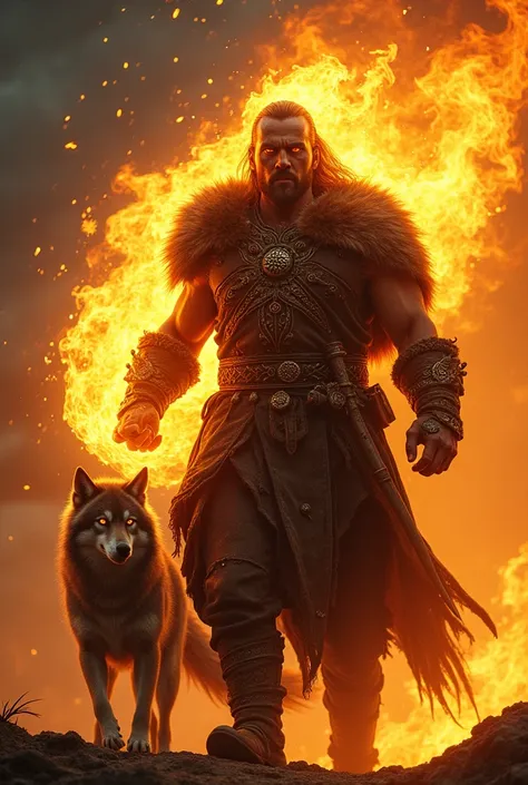 Druide Aasminar homme du feu sauvage utilisant du feu blond aux yeux dorée avec un chienloup sur le thème viking