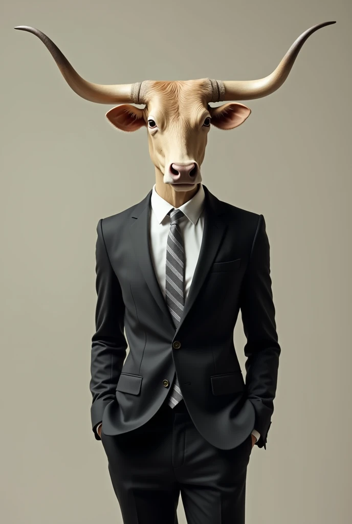 Toro color beige, skinny, longhorn dressed in black suit with grey striped tie standing
