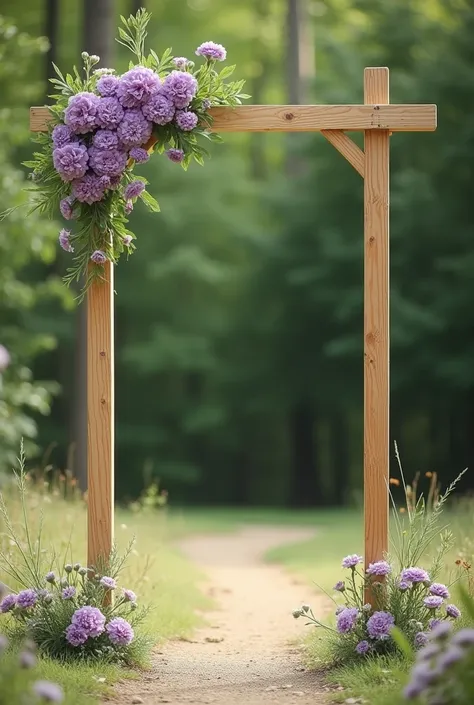 I want an image of a wide wooden wedding arch that is straight not curved and that only in the 2 upper corners there is a symmetry of purple carnations with little green leaves. In the lower part I dont want anything. I want it to be simple and outdoors.