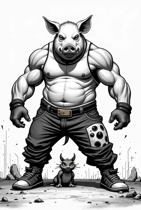 black and white comic style simple, humanoid strong pig in rave clothes, small japanese dragon tied up in a choker scared