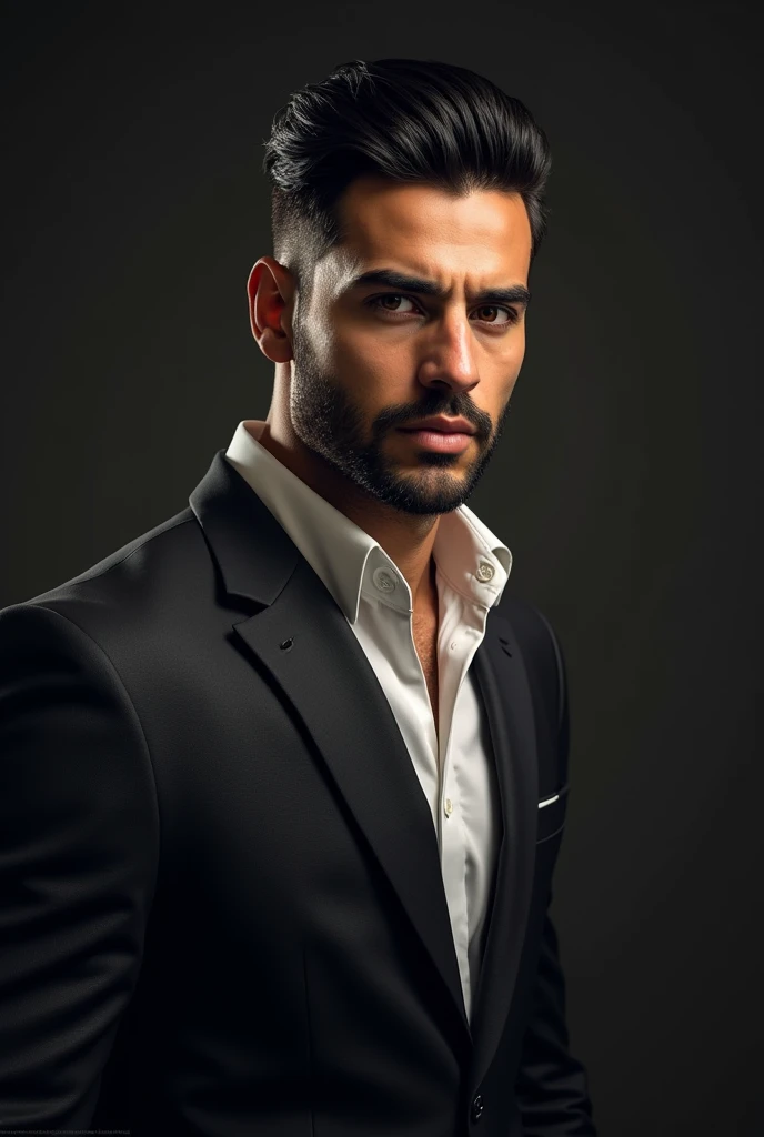 Thiago is a tall man, with 1,85m tall and athletic physique. He has black hair cut in a modern style and a well-trimmed beard.. His eyes are dark brown, with an intense gaze that matches his confident posture. He usually dresses in elegant formal attire..