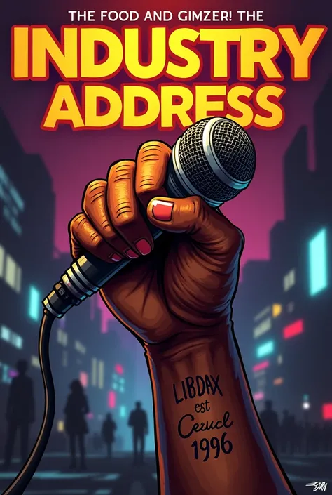 A Hip-hop song cover art with titled "INDUSTRY ADDRESS." Also on it there should be a muscular African hand with a written tattoo "LiB Dax EST 1996" holding a microphone  