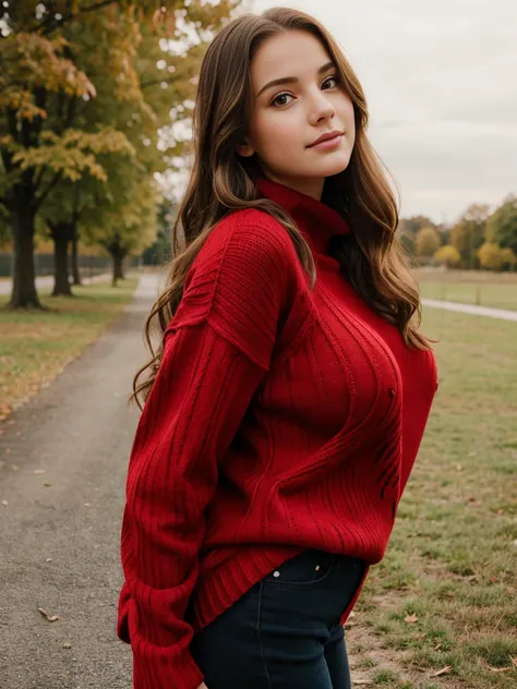 Beautiful young girl wears red sweater, big breasts, long wavy hair, standing, look up