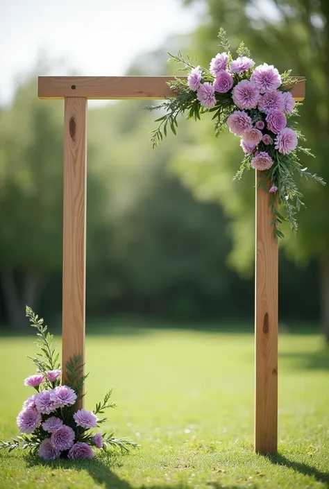 I want an image of a wide wooden wedding arch that is straight not curved and that only in the 2 upper corners there is a symmetry of purple carnations with little green leaves. In the lower part I dont want anything. I want it to be simple and outdoors.