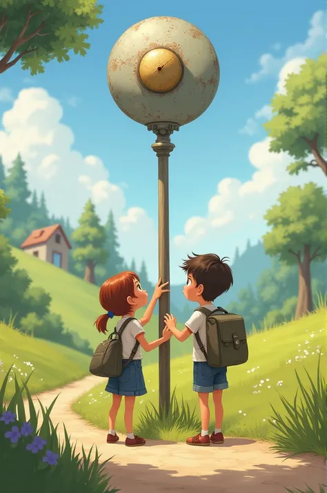 Boy and girl looking at a signal disc on a pole that had moved