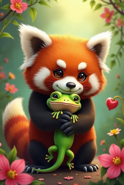 Red panda hug a gecko because of Birthday