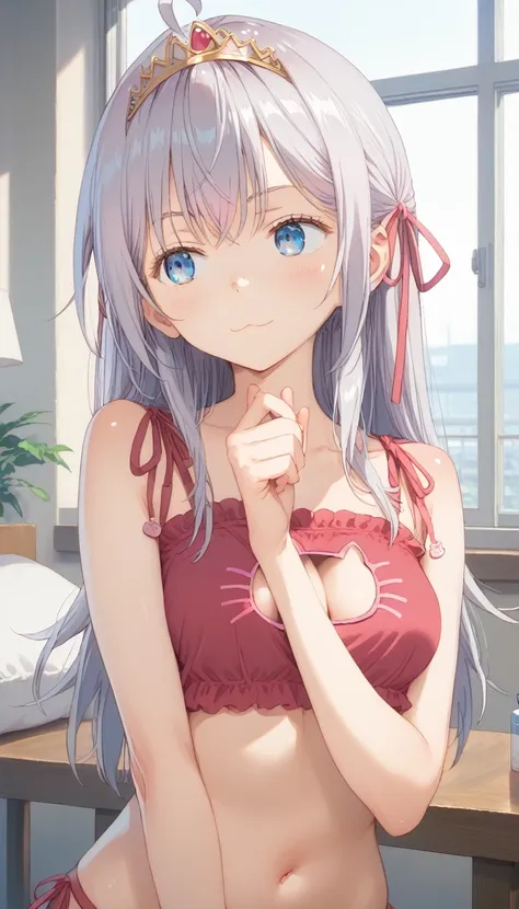 score_9, score_8_up, score_7_up, source_anime, masterpiece, absurdres, medium breasts, perfect face, 1girl, cute expression, amused, smiling, background: bedroom, alisamikhailovna, alisamikhailovna kujou, long hair, bangs, blue eyes, tiara, ahoge, gray hai...