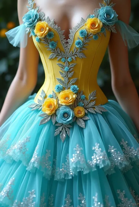  Glamorous romantic style short dress with multi-layered skirt in turquoise sparkling tulle with rhinestones, gliter, diamond that does not go past the knee and yellow corset at the waist with a neckline between the bust that reaches the waist, the necklin...