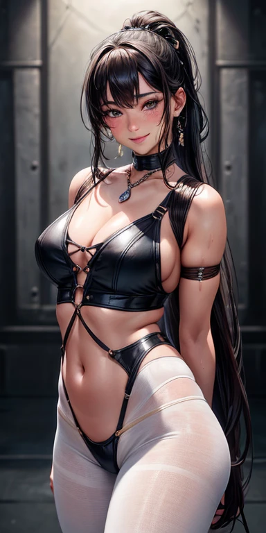 Kaori, Single model, solo, half Asian, half Latino, very long straight black hair, high ponytail, freckles, blushing, wet eyes, long chain pendant, very large heavy breasts, chubby, belly, stretchmarks, (best quality,4k,8k,highres,masterpiece:1.2),ultra-de...