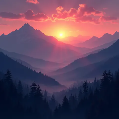 Sky at dusk, with the pink and orange sunset, the sun appearing in orange yellow and a mountain range below, darkened by shadow and full of forest, all with great realism, looking like a realistic painting