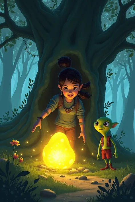 Suddenly, Zara stumbled upon a strange, glowing rock nestled between the roots of an old oak tree. The rock sparkled like diamonds and pulsed with a soft, warm light. Zara knew this was no ordinary rock; it felt magical. Just then, a little creature popped...