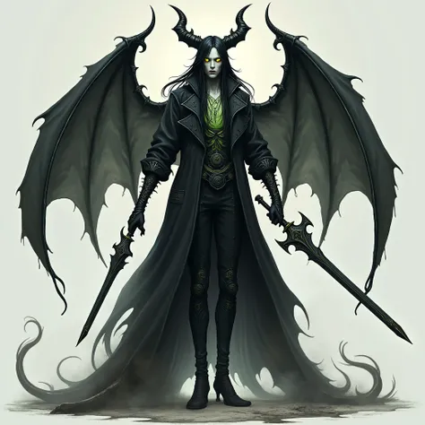 Full-body image of a slender man with long black hair, wielding a glowing green sword. He wears a black trench coat adorned with green details. His arms up to the elbows and legs up to the knees are covered in a black slime. He has two demonic black wings ...