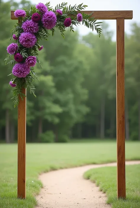 I want an image of a wide wooden bridal arch that is straight not curved and that only in both upper corners there is purple carnations with little green leaves. In the lower part I dont want anything. I want it to be simple and outdoors.