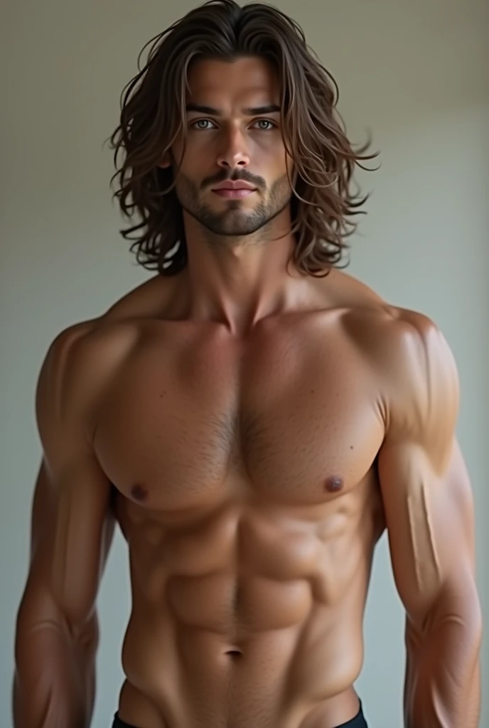 Handsome male figure with realistic body details without clothes, long wavy brown hair, high, white with gray eyes and a 2 face that looks sweet and has a rough look, full body 